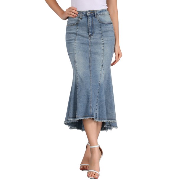 INSPIRE CHIC Falda Midi de Mezclilla Lavada con Cola de Pescado de Cintura Alta con Dobladillo Crudo Moda Casual con Bolsillos para Mujer Regreso a Clases S Gris Azul