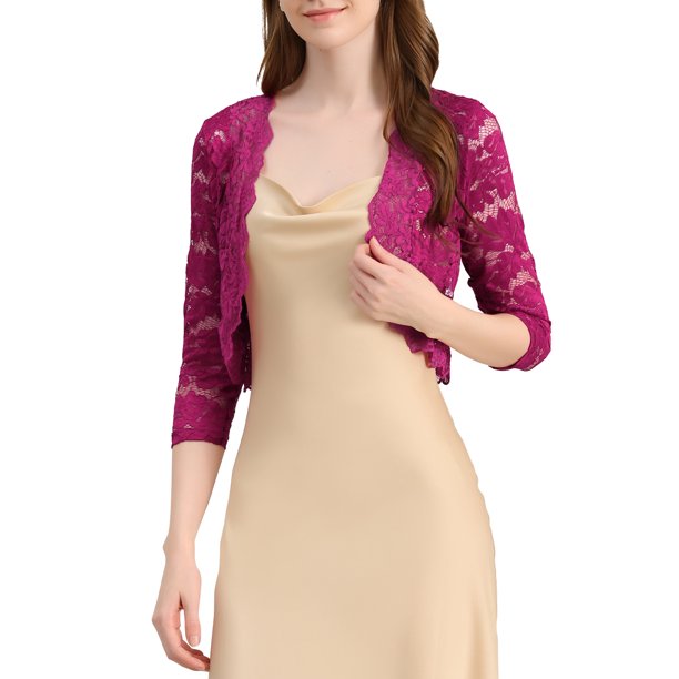 INSPIRE CHIC Chaquetas de Mujer Encaje Floral Cárdigan Mangas 3/4 Cubierta Transparente Superior Púrpura Rojo L