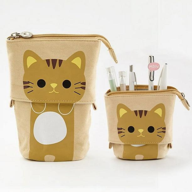 Get Organized with our Adorable Telescopic Pencil Holder - 1pc Canvas Cartoon Cute Cat Pen Case with Adjustable Size and Zipper Closure for Stationery, Pens, Pencils and Markers - Perfect for Office a