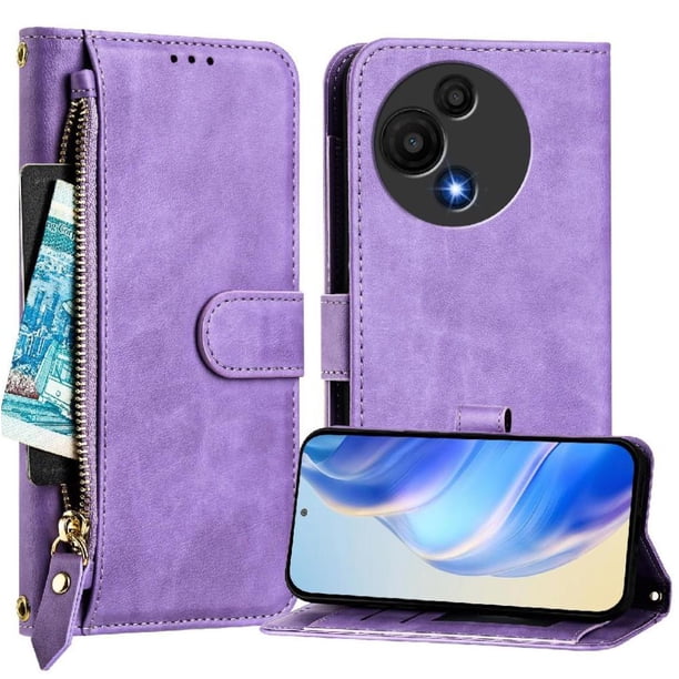 Funda Billetera Cremallera para TCL 605/60SE con Porta Tarjetas, Soporte y Correa Morado