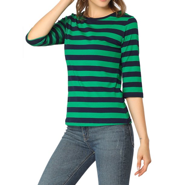 INSPIRE CHIC Camiseta Básica de Mujer con Mangas al Codo Cuello Redondo Ajustada Regreso a Clases Camiseta Casual Estampada Verde Azul Oscuro XL