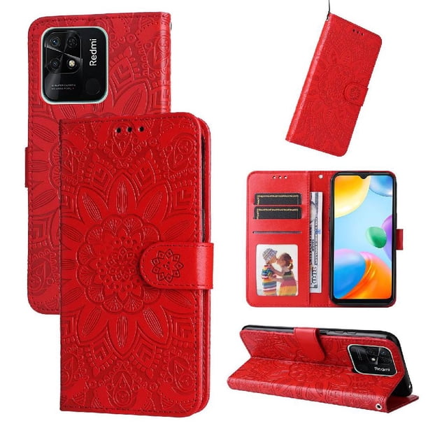 Funda tipo cartera FOXDOCK para Xiaomi Redmi 10C 4G , diseño girasol en relieve, cuero PU, cierre magnético, soporte y tarjetero