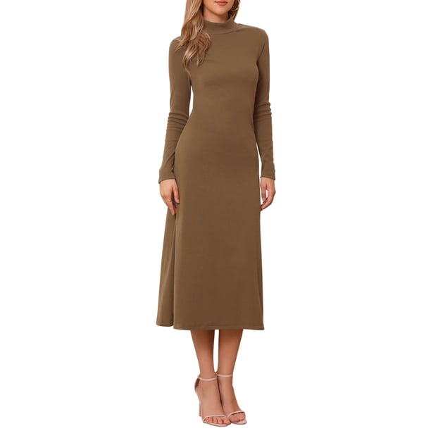 INSPIRE CHIC Vestido de Mujer Suéter Cuello Alto Manga Larga Elástico Fluido Tejido de Punto Maxi Vestido M Marrón Oscuro
