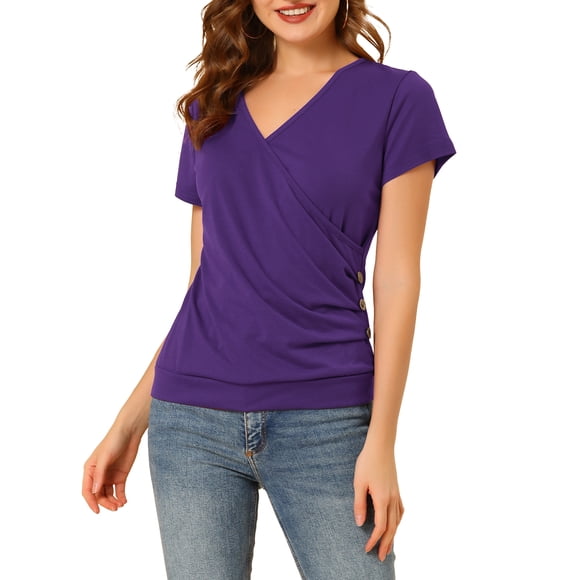 INSPIRE CHIC Blusas casuales de mujer con escote en V, mangas cortas, decoración de botones, fruncido, color púrpura, talla L