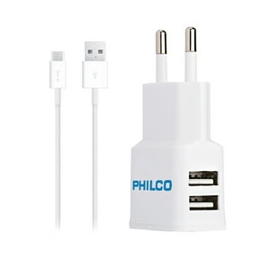 Cargador De Pared 2.1 A Doble Usb C/Cable Micro R2100 Blanco Philco