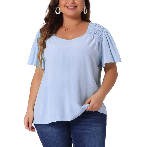 Agnes Orinda Blusa de Chifón de Verano con Cuello en V, Hombro Fruncido y Mangas con Volantes para Mujer de Talla Grande 1X Azul
