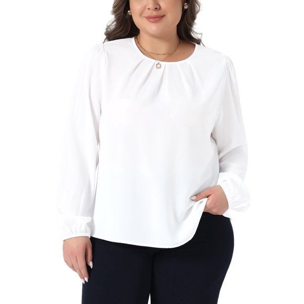Agnes Orinda Conjuntos de Halloween Blusas de Talla Grande para Mujeres Cuello Redondo Plisado Trabajo Oficina Mangas Largas Camisas 4X Blanco