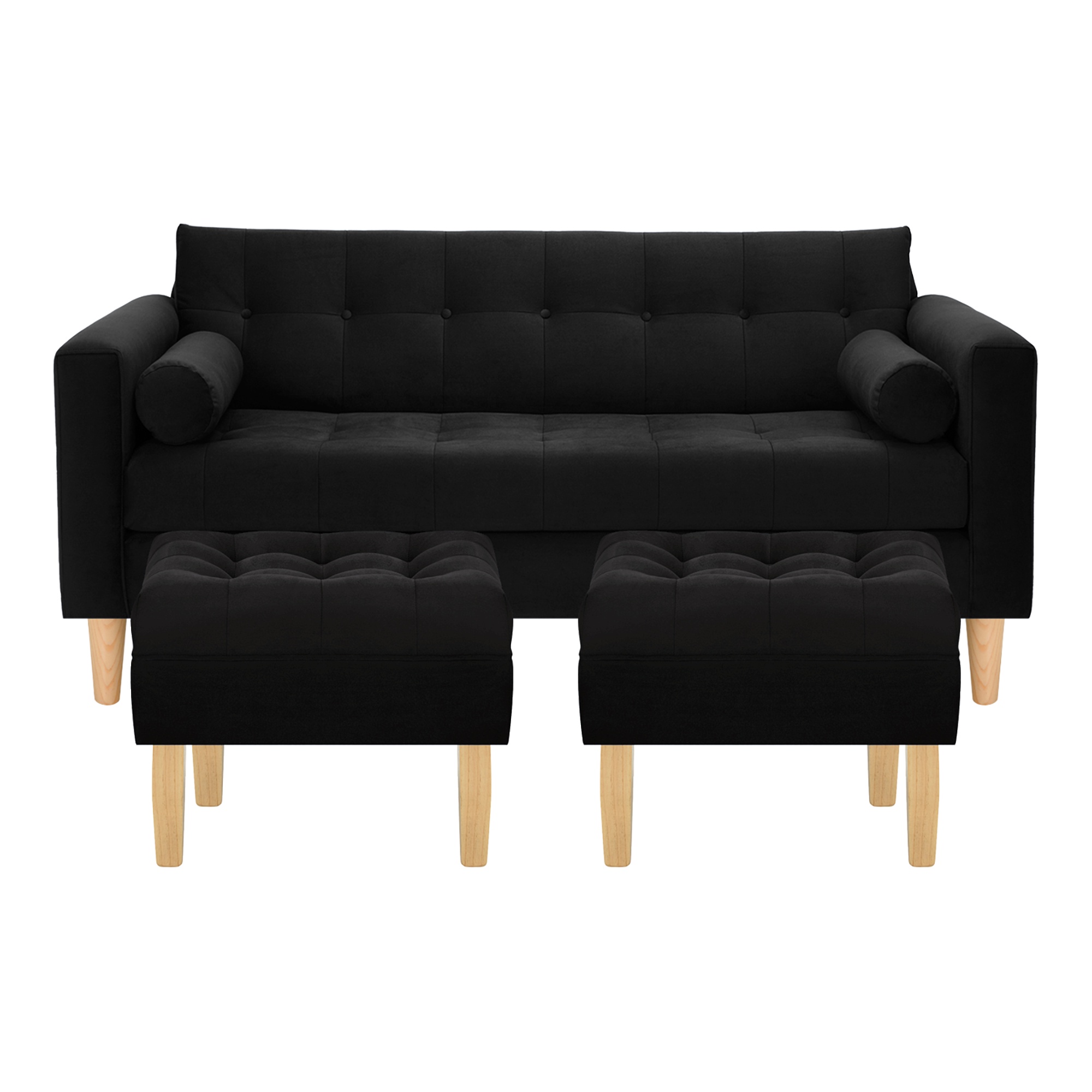 Bodevir - Sofa Retro 3C + 2 Pouf Felpa 05 Negro