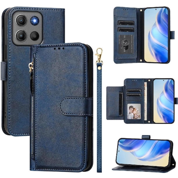 Funda Billetera Cremallera para Motorola Moto G15 Power con Porta Tarjetas, Soporte y Correa Azul