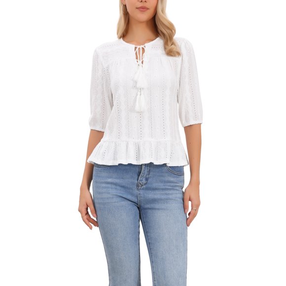 INSPIRE CHIC Blusa Bohemia para Mujer con Cuello de Lazo, Manga a Media Altura, Bordado de Ojales y Dobladillo con Volantes Peplum Blanco L