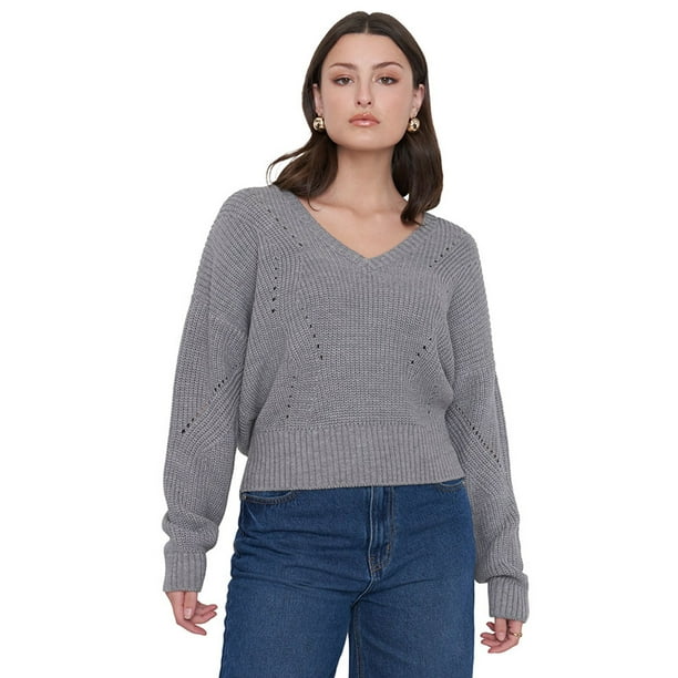 Sweater Mujer Gris Cuello V Corona