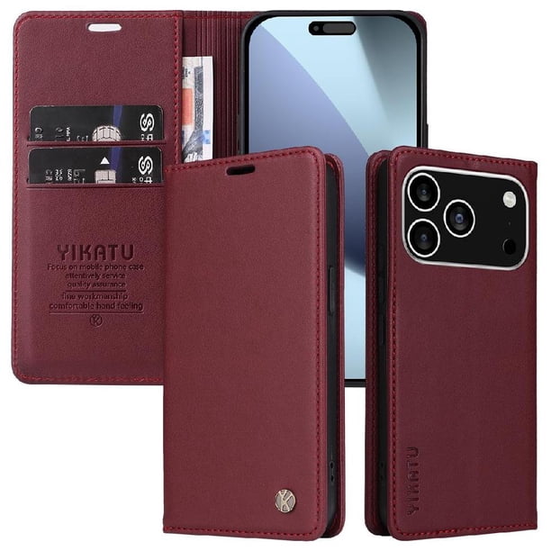 Funda Billetera de Cuero para iPhone 17 Pro Max con Tarjetero y Soporte - Tapa Magnética Rojo