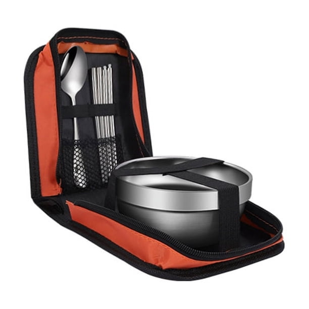 XmhyTop Camping Equipo de senderismo Camping Cuencas Placas de mesa al aire libre Portable Acero inoxidable Placas de mesa Bolsa de picnic Camping Turismo Conjunto de cubiertos de viajes naranja
