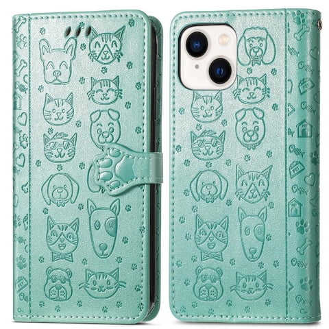 Funda Cartera Foxdock Para Iphone 15 Plus , Flip Pu Con Relieve De Gatos Y Perros, Tarjetero Y Soporte
