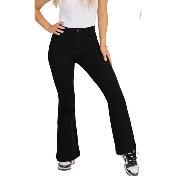 Jeans Flare Negro Tiro Alto con Botón y Bolsillos
