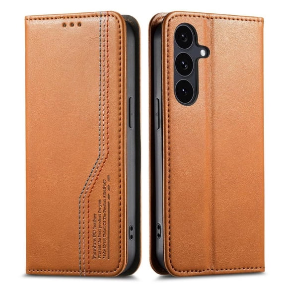 Funda tipo cartera para Samsung Galaxy S24 Fe de piel con cierre magnético, ranuras para tarjetas y correa para la muñeca Marrón