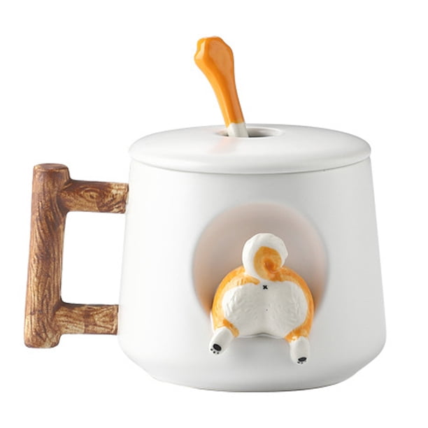 Taza de café de cerámica, taza con patrón de animal Shiba Inu 3D, mango de diseño de madera interesante y cuchara a juego, muy adecuada para regalos-420 ml.