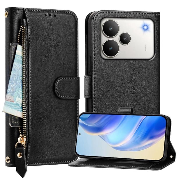 FOXDOCK Funda Tipo Cartera para Tecno Camon 15 Cuero PU con Cremallera y Correa de Muñeca, Ranuras para Tarjetas, Soporte Plegable, Cierre Magnético
