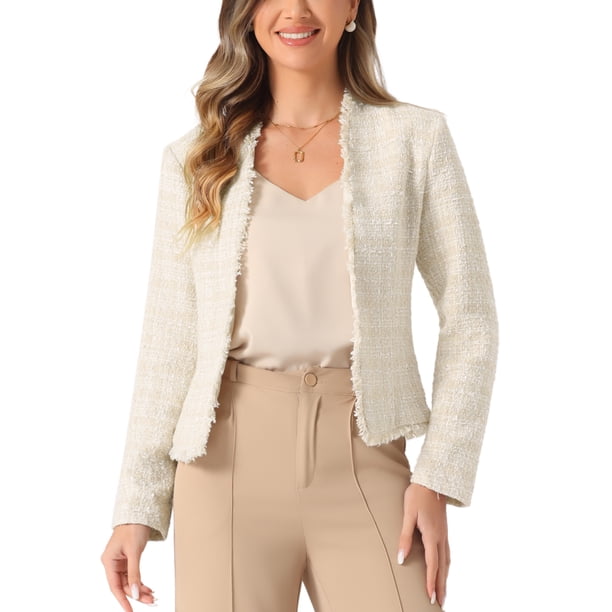 BLAZER DE TWEED A CUADROS INSPIRE CHIC PARA MUJERES DE VUELTA A LA ESCUELA MANGA LARGA ABIERTO DELANTERO CHAQUETA DE OFICINA XL BEIGE