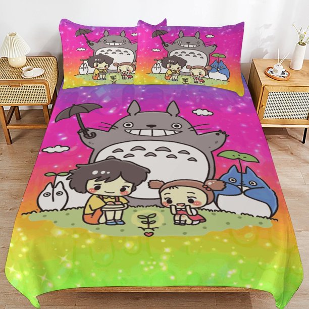 x197 My Neighbor Totoro Bed Duvet Cover Microfiber Bedding Sets 3D Printed Lightweight 3 Piece Comforter Sets, 1 Duvet Cover And 2 Pillow Shams for Kids Boys Girls 90"x90" jn197