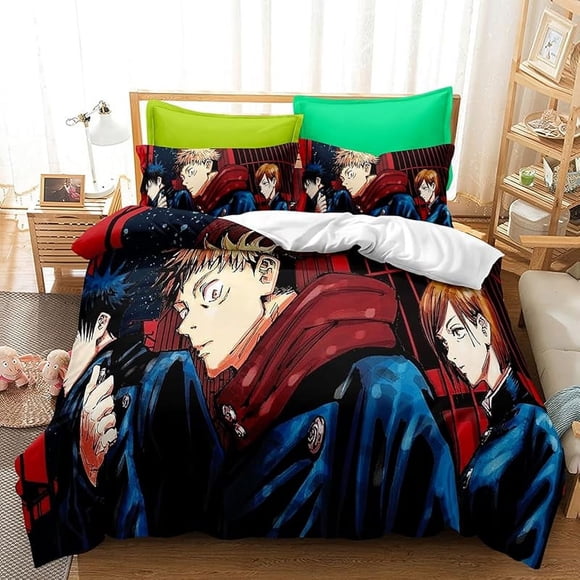 Ca-rtoon A-ime Duvet- Cover Bed-ding Jujutsu Ka-isen -3 Piece S-etBed D-uvet Cove-r with Pillo-wcases