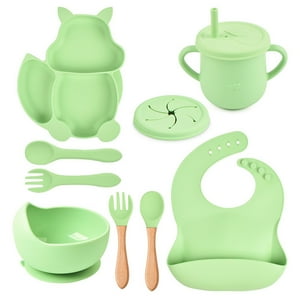 Veat00L - Platos Para Bebe Silicon,9 Pcs Vajilla Para Niños De Silicona De Grado Alimenticio,Tazas Con Pajitas, Cubierta De Merienda,Cucharas Y Tenedores,Baberos,Fácil De Limpiar, Apto Para Microondas