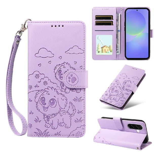 Funda Cartera para Samsung Galaxy A37 Perro Cachorro Grabado con Tarjetas Soporte Correa Morado