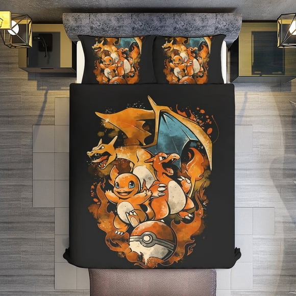 Pokmon Charizard 3 Piece Sets Reversible Microfiber Quilts with Shams Soft Lightweight Bedspread Coverlet Comforter