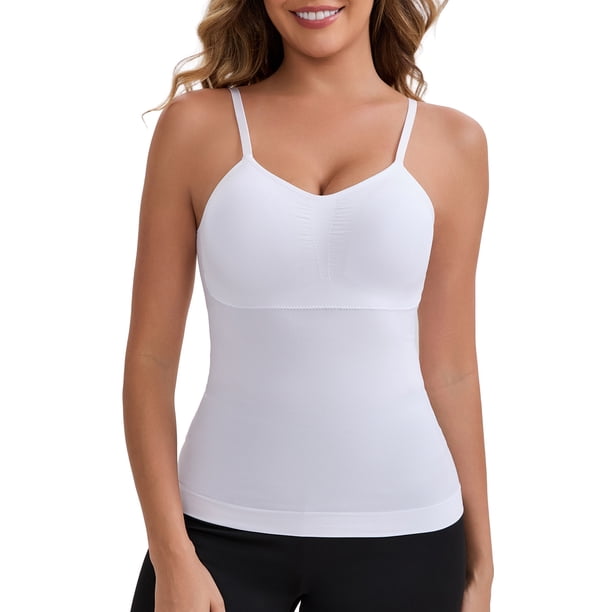 INSPIRE CHIC Camisola sin costuras para mujer con control de abdomen y sujetador incorporado, ajuste delgado, camiseta moldeadora de cuerpo, XXL, blanco