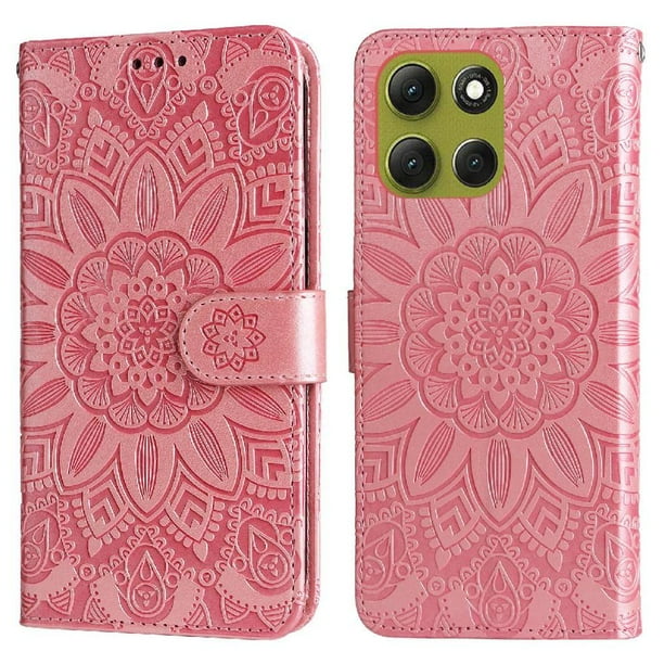 Funda tipo cartera FOXDOCK para Motorola Moto G86 , diseño girasol en relieve, cuero PU, cierre magnético, soporte y tarjetero