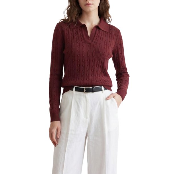 INSPIRE CHIC Suéter de Polo de Mujer con Cuello en V de Manga Larga de Punto Cable Base Capa Otoño Invierno Casual Top de Punto Acanalado Talla X Grande Burdeos