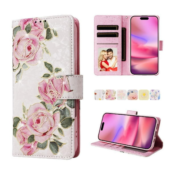 FOXDOCK Funda Tipo Cartera Floral para iPhone 15 Pro ,Funda con Tapa de Cuero PU, Protección Antigolpes con Ranuras para Tarjetas y Soporte