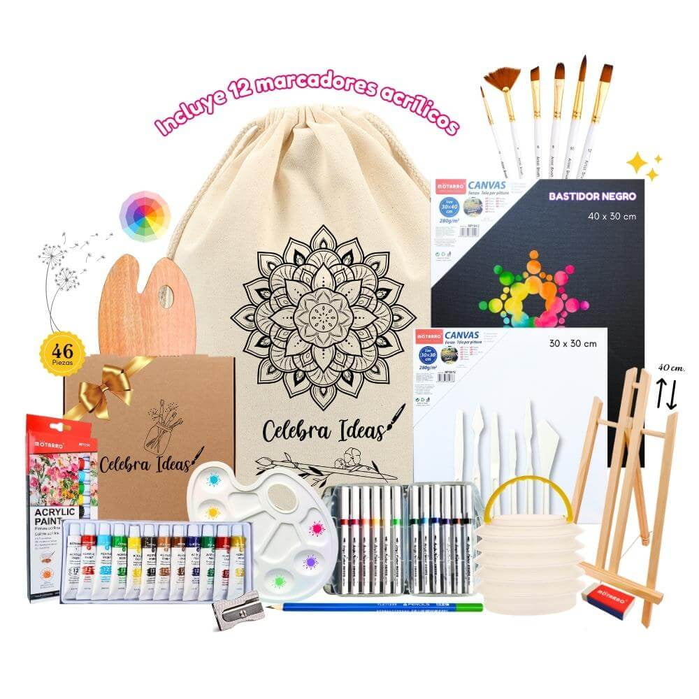 Celebra Ideas - Set De Arte Acrílicos Con Marcadores Y Bastidor Negro 46pcs