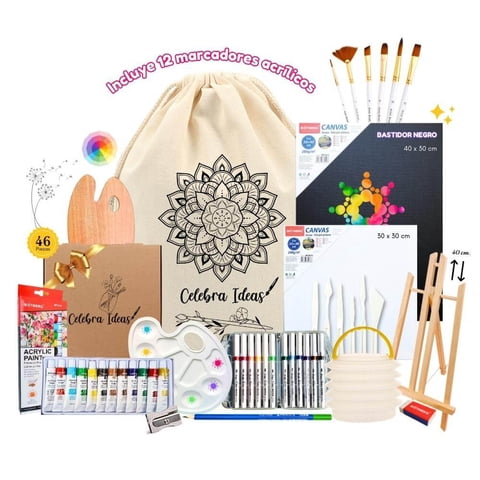 Celebra Ideas - Set De Arte Acrílicos Con Marcadores Y Bastidor Negro 46Pcs