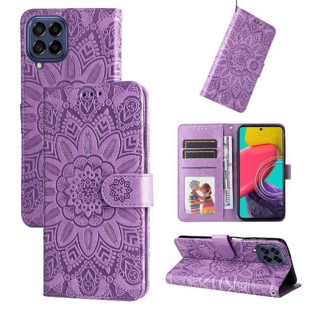 Funda tipo cartera FOXDOCK para Samsung Galaxy M53 5G , diseño girasol en relieve, cuero PU, cierre magnético, soporte y tarjetero