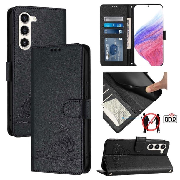 Funda tipo cartera FOXDOCK para Samsung Galaxy S23 con soporte, ranuras, RFID, diseño de gato