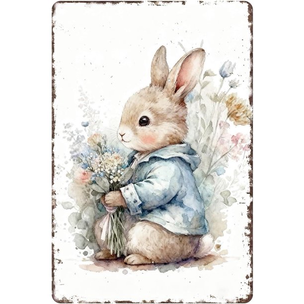 Letrero estaño conejo Pascua retro conejo vintage metal hogar jardín sala decoración pared Pascua 20x30cm