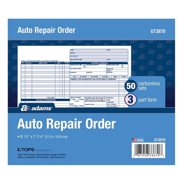Formularios de pedido de reparación de automóviles Adams GT3870, 22 x 19 cm, 3 partes, 50 unidades