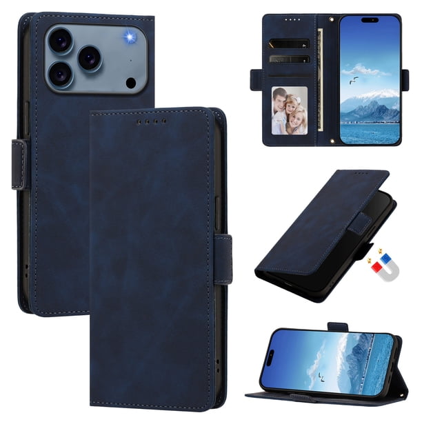 Funda Billetera Delgada para iPhone 17 Pro Max con Ranuras y Soporte Azul oscuro
