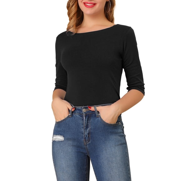 INSPIRE CHIC Camisetas de Mujer con Mangas al Codo Cuello Barco Ajuste Entallado Casual Negro M