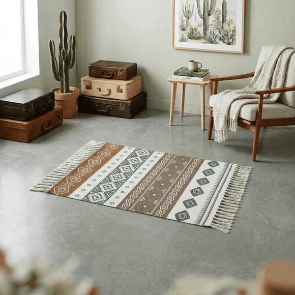 Bajada De Cama Kilim 60cm x 90cm Tejidas En Algodón Con Flecos Estampada