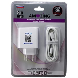 Amazing - Cargador Ultra Rápido 3 Puertos / 2 Puertos Usb / 1 Puerto C + Cable Tipo C A Tipo C / 35W / 2 Mts