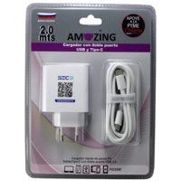 Amazing - Cargador Ultra Rápido 3 Puertos / 2 Puertos Usb / 1 Puerto C + Cable Tipo C A Tipo C / 35W / 2 Mts