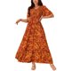 thumbnail image 1 of INSPIRE CHIC Vestido Maxi de Rayón Floral para Mujer con Cuello en V, Mangas Volantes, Volantes en Capas y Bolsillos, Rojo Ladrillo L, 1 of 5