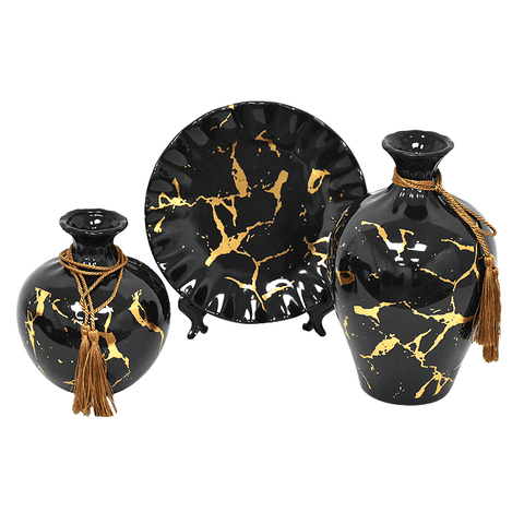 Muebles Santa Ana - Floreros Y Plato Decorativo Negro Dorado Xl