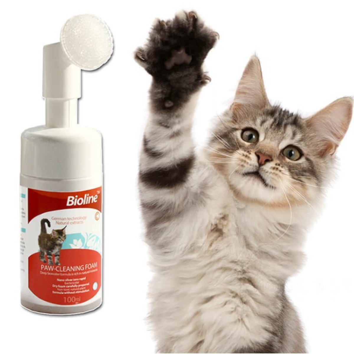 Bioline - Espuma Limpia Patas Con Cepillo Mascotas Perro Gato 100Ml