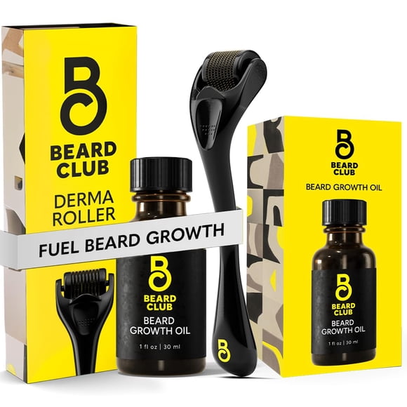Aceite para el crecimiento de barba Derma Roller & Beard Club, rodillo para microagujas con 540 microagujas recubiertas de titanio y aceite para barba de cedro y sándalo