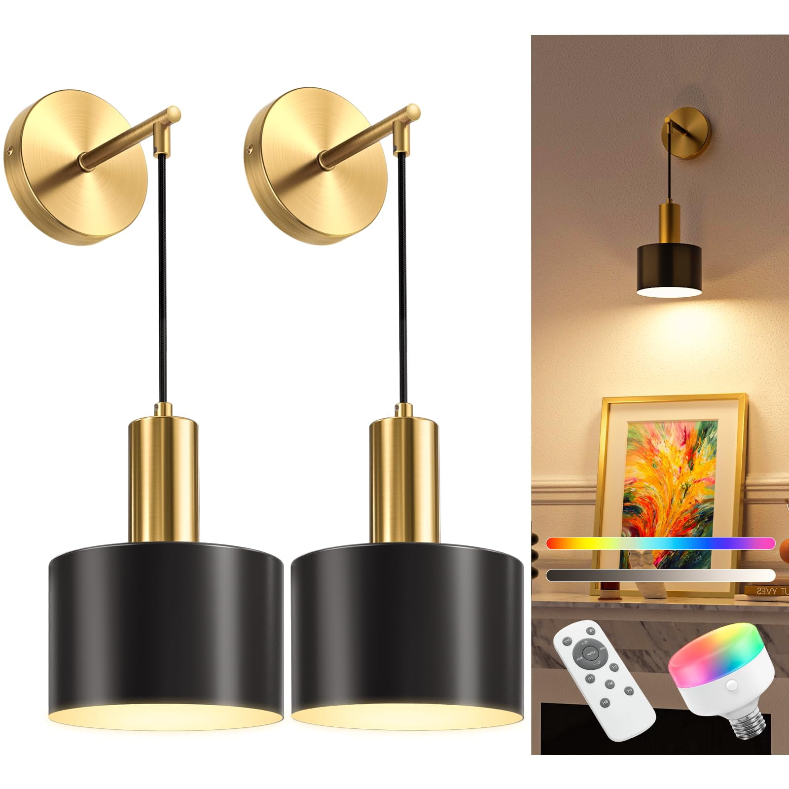 Lámpara De Pared Con Pilas Niorsun, Juego De 2 Unidades, Color Dorado Y Negro