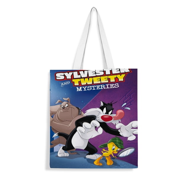 Sylvester and Tweety Pie Bolso de tela con estampado de lienzo para mujer, bolsa de compras reutilizable y estética, con cremallera interior, regalo para mujer,40*45cm.