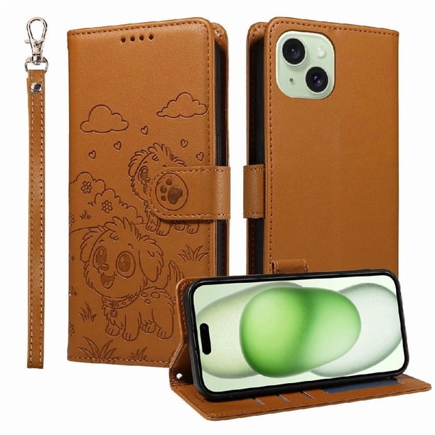 Funda Billetera FOXDOCK Compatible con iPhone 15 Plus , Diseño Perrito Tierno, Ranuras para Tarjetas y Soporte Plegable